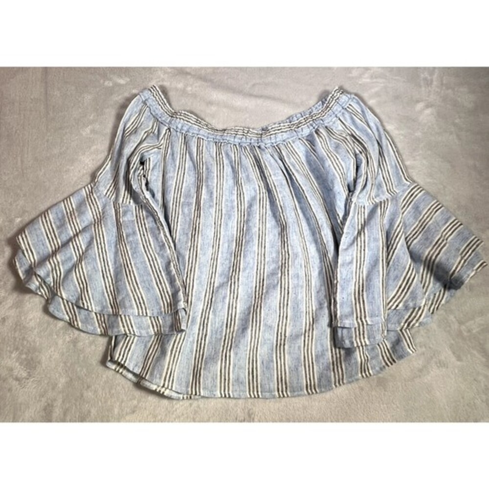 Lucky‎ Brand Top Womens S Blue Off Shoulder Striped Bell Sleeve Cottagecore Boho